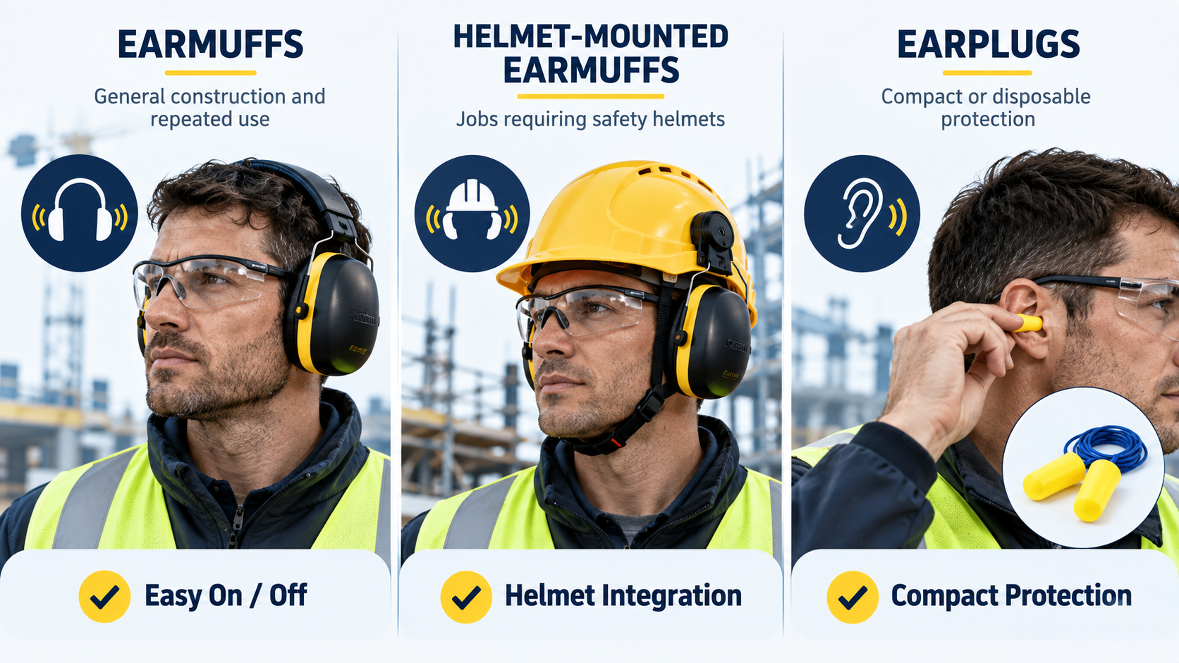 Construction Hearing Protection – Earmuffs vs Helmet-Mounted Earmuffs vs Earplugs Safety earmuffs helmet-mounted earmuffs and earplugs for construction hearing protection