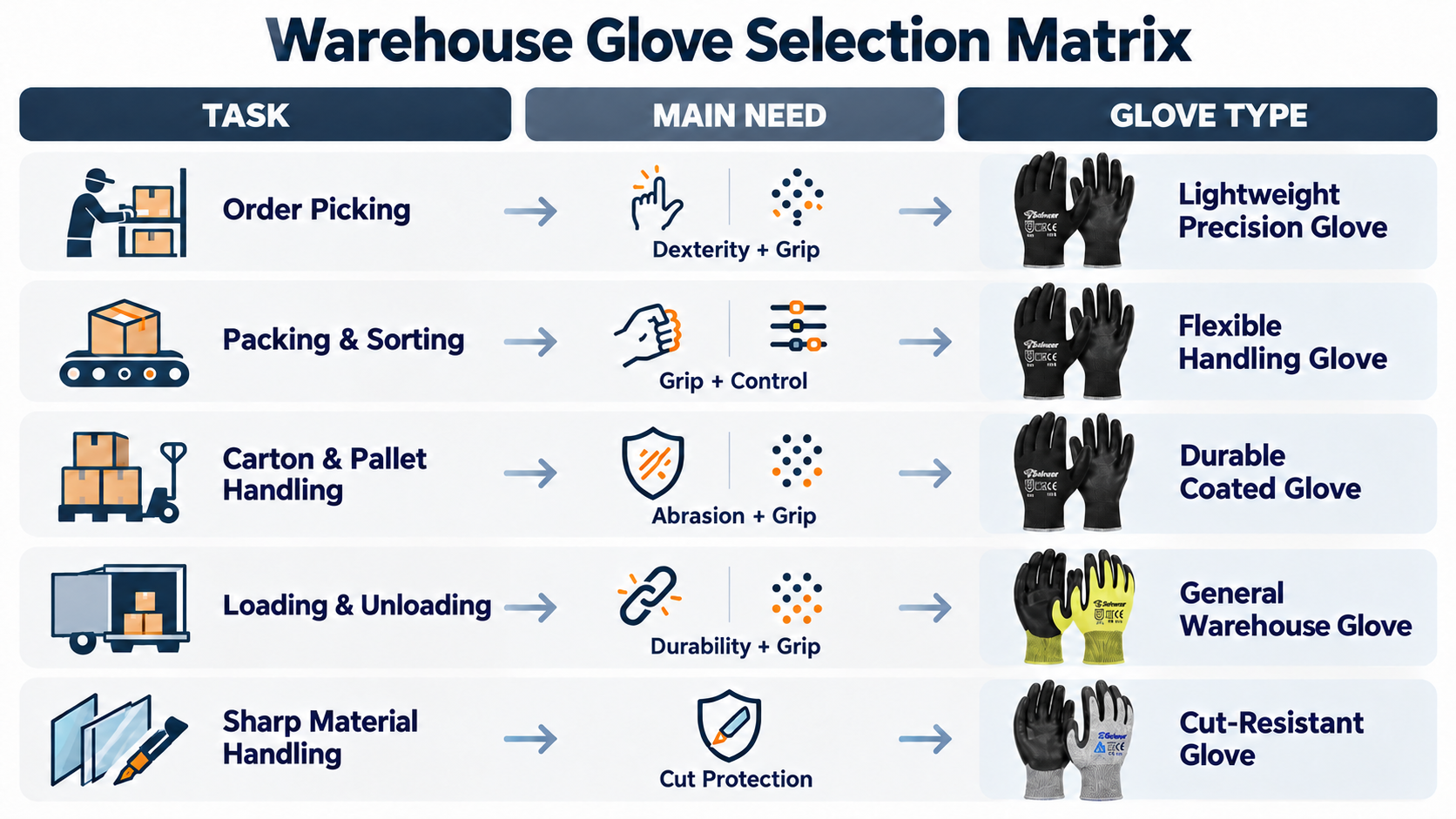 Warehouse Glove Selection Matrix Warehouse glove selection matrix for picking packing pallet handling loading and sharp materials