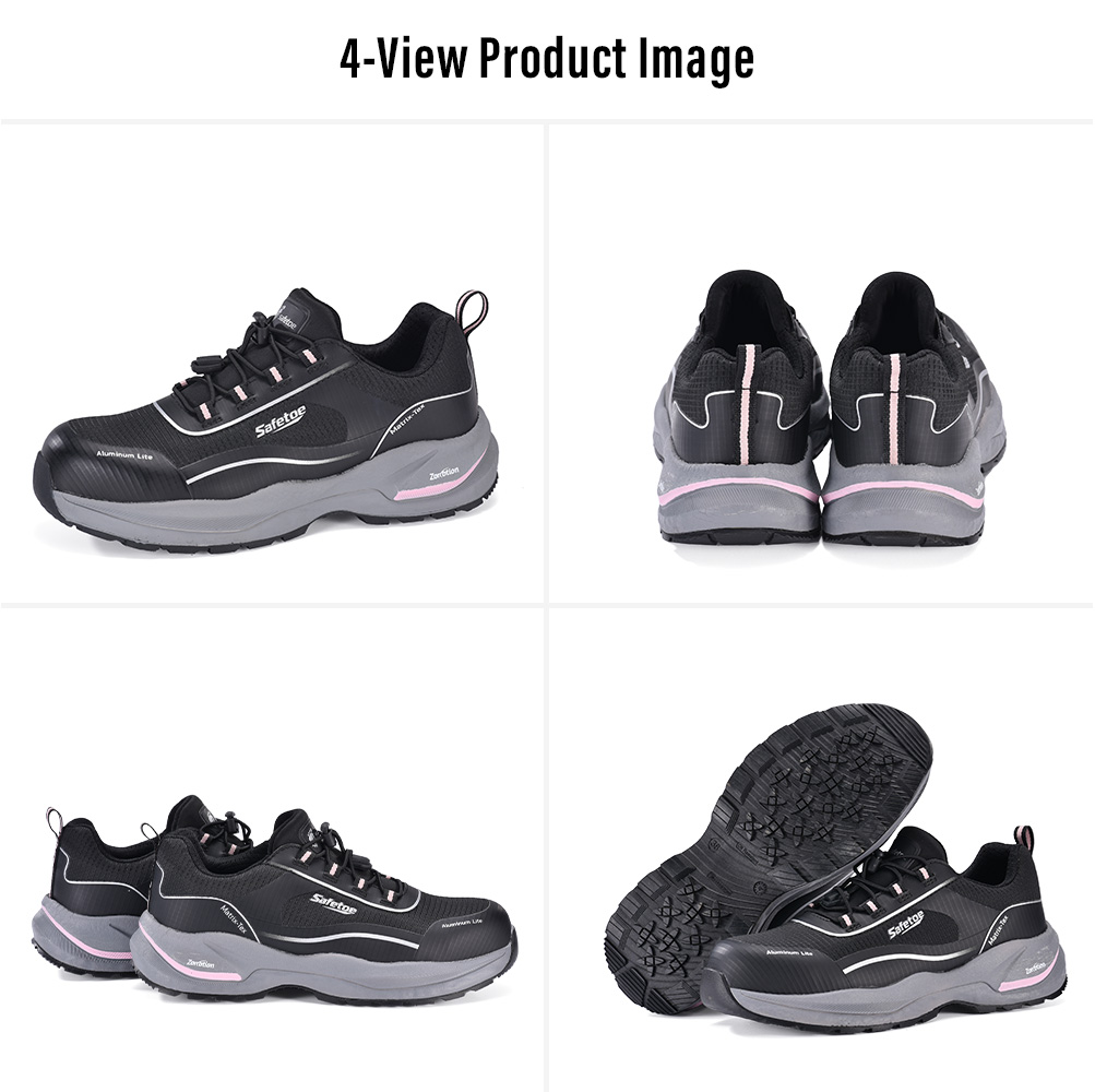 L-7613 Women's Lightweight Safety Sneakers – Four Views Four views of Safetoe L-7613 black and pink women's lightweight safety sneakers with aluminum toe and slip-resistant outsole