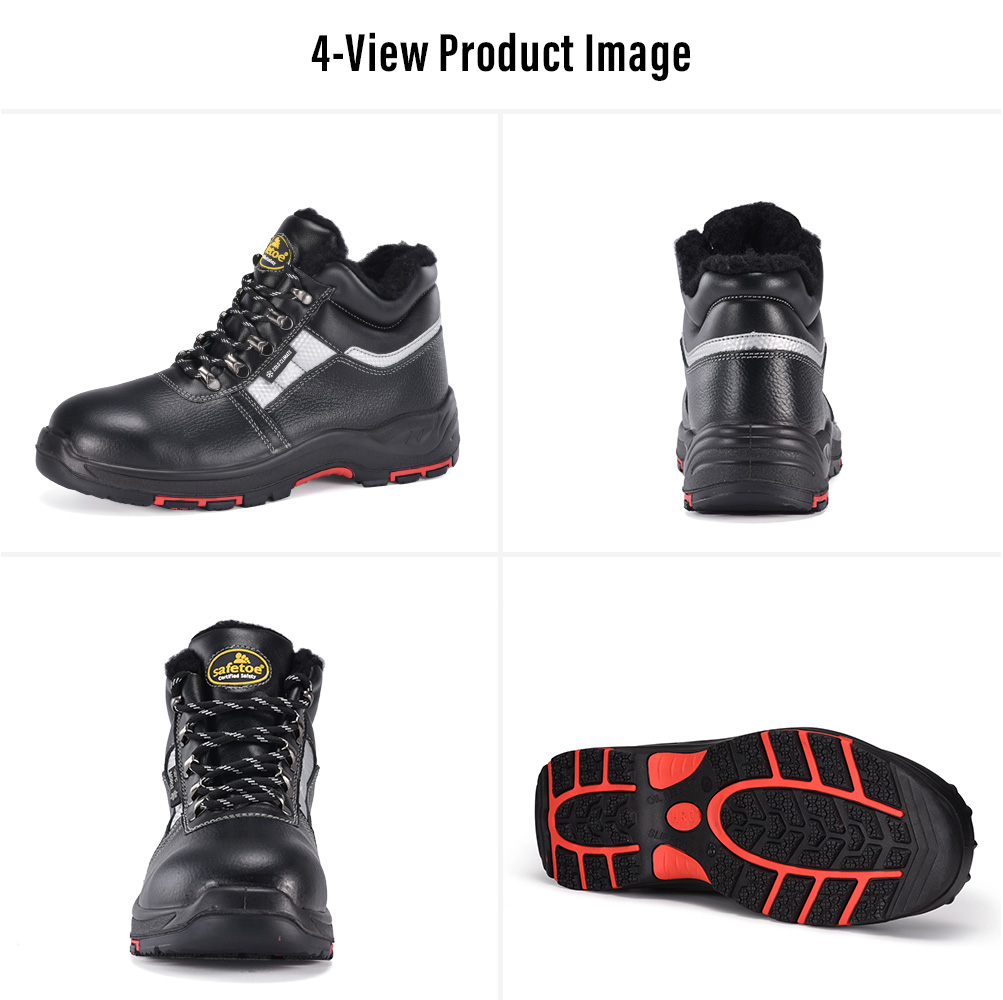 Safetoe M-8027 Insulated Winter Safety Boots – Four Views Four-view image of Safetoe M-8027 insulated winter safety boots showing side, rear, front and slip-resistant outsole views