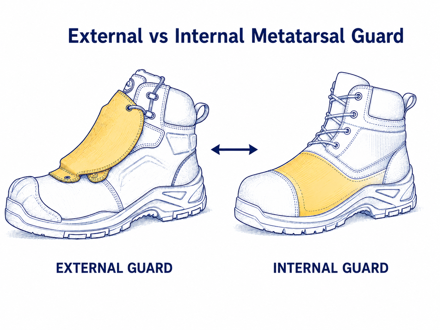 External vs Internal Metatarsal Guard External and internal metatarsal guard designs for safety boots