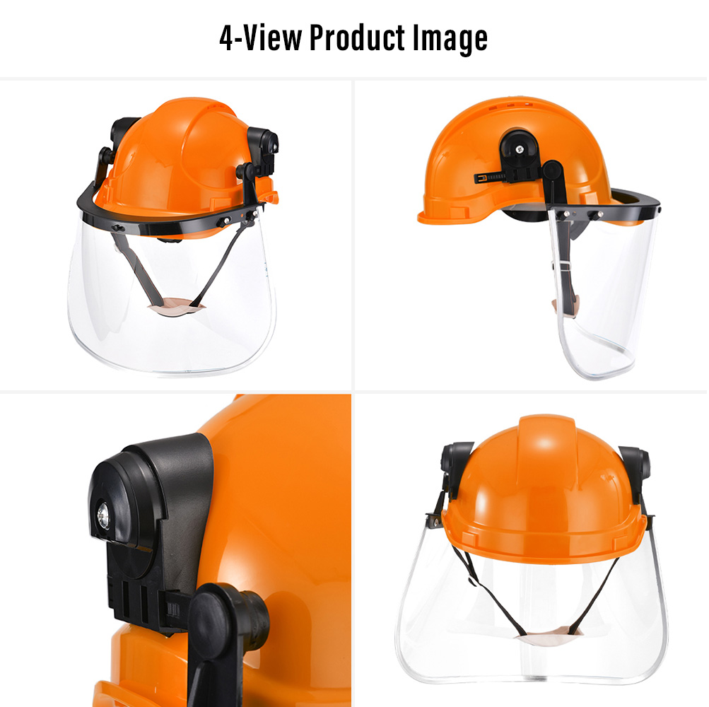 W-018V Safety Helmet with Face Shield – Four-View Product Images Safeyear W-018V safety helmet with clear face shield shown from four angles, featuring visor mounting, ventilation and adjustment details