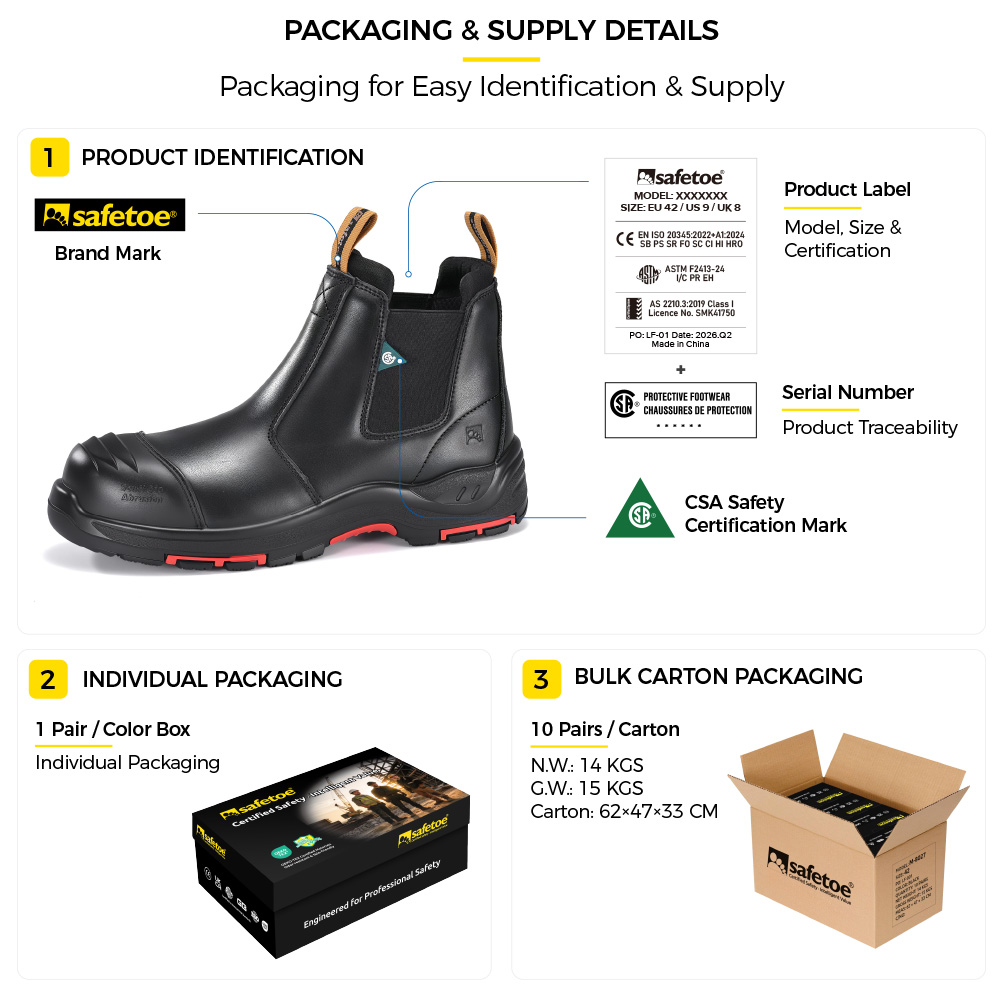 M-8025NBK Metal-Free Safety Boots Packaging M-8025NBK CSA Certified Metal-Free Safety Boots Packaging