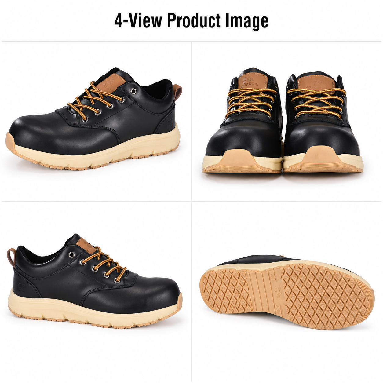 Composite Toe Safety Shoes 4-View Image Four-view product image of black leather composite toe safety shoes with slip-resistant outsole
