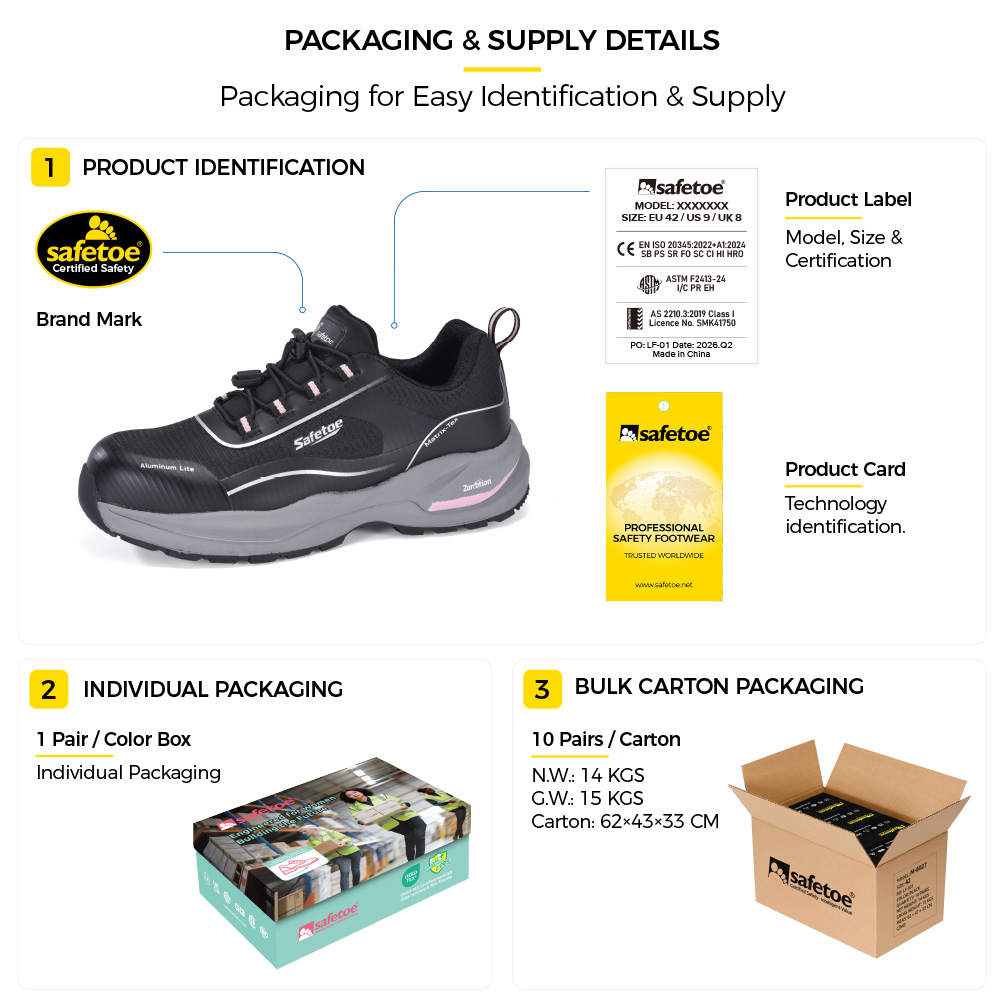L-7613 Women's Safety Sneakers Packaging Details Safetoe L-7613 women's lightweight safety sneakers with product label, individual shoe box and bulk carton packaging