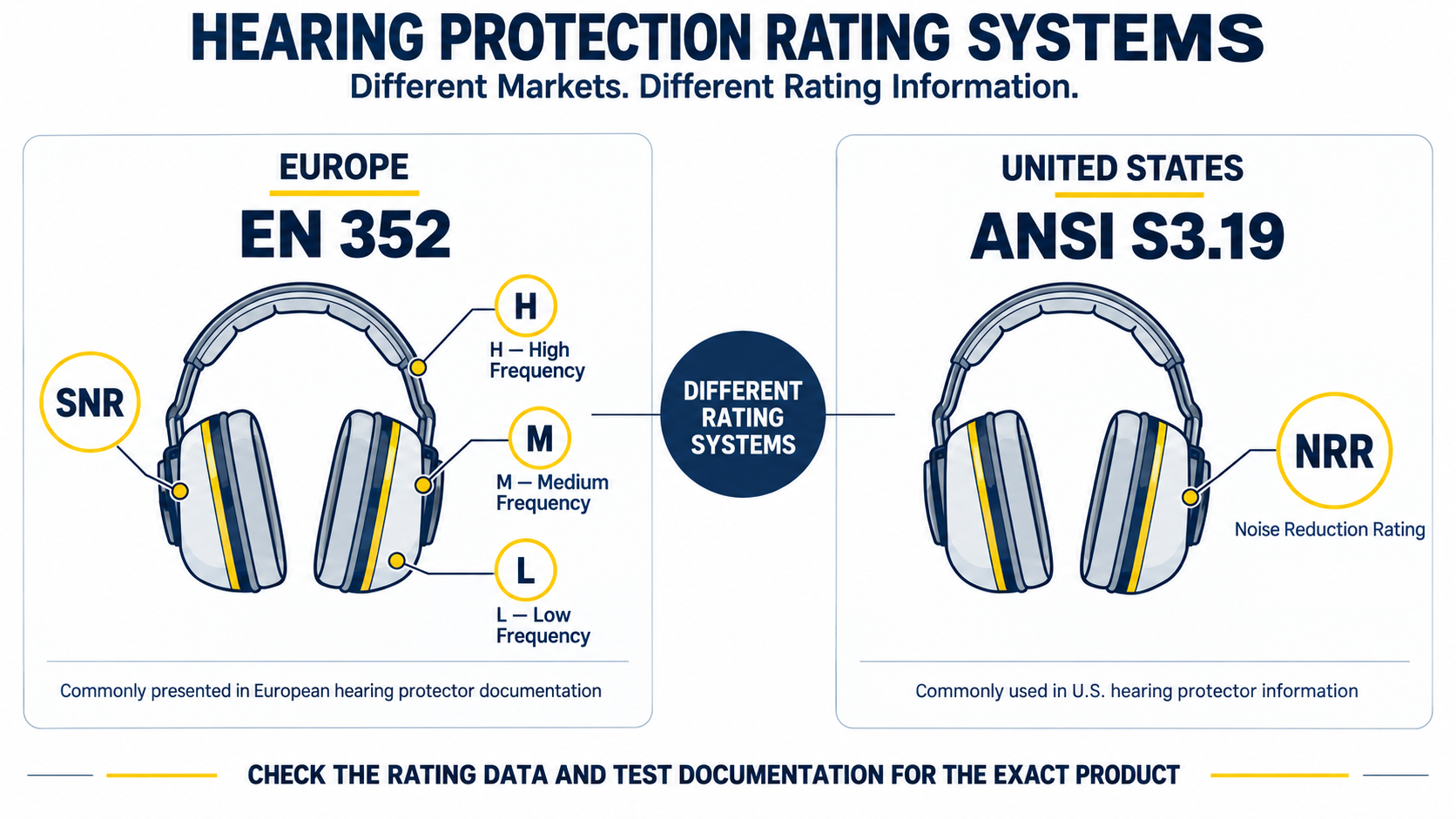 European SNR and U.S. NRR Hearing Protection Ratings European SNR and H M L attenuation data compared with U.S. NRR hearing protection ratings