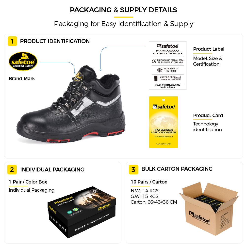 Safetoe M-8027 Winter Safety Boots Packaging Details Safetoe M-8027 winter safety boots packaging details showing product label, individual shoe box and bulk carton supply