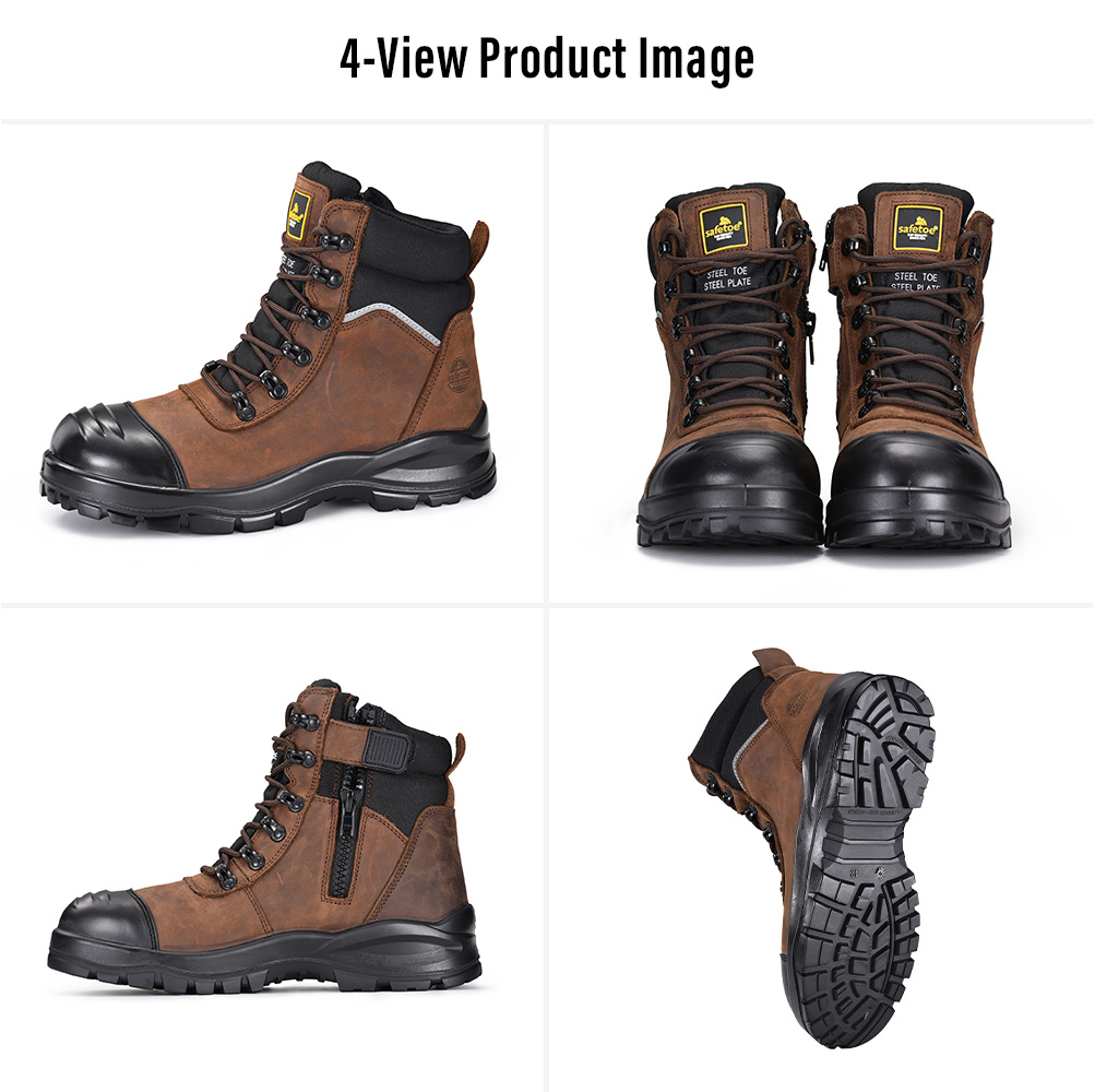 M-8577 Side Zip Safety Boot Views Multiple views of M-8577 brown leather side zip industrial safety boots