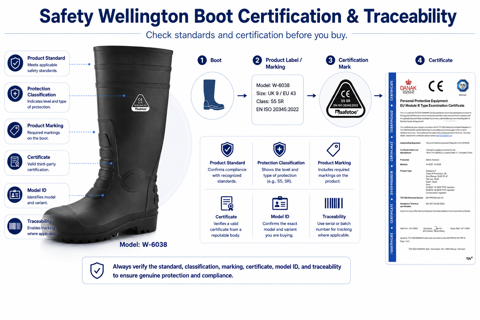 Safety Wellington Boot Certification and Traceability Safety Wellington boot certification marking label and product identification