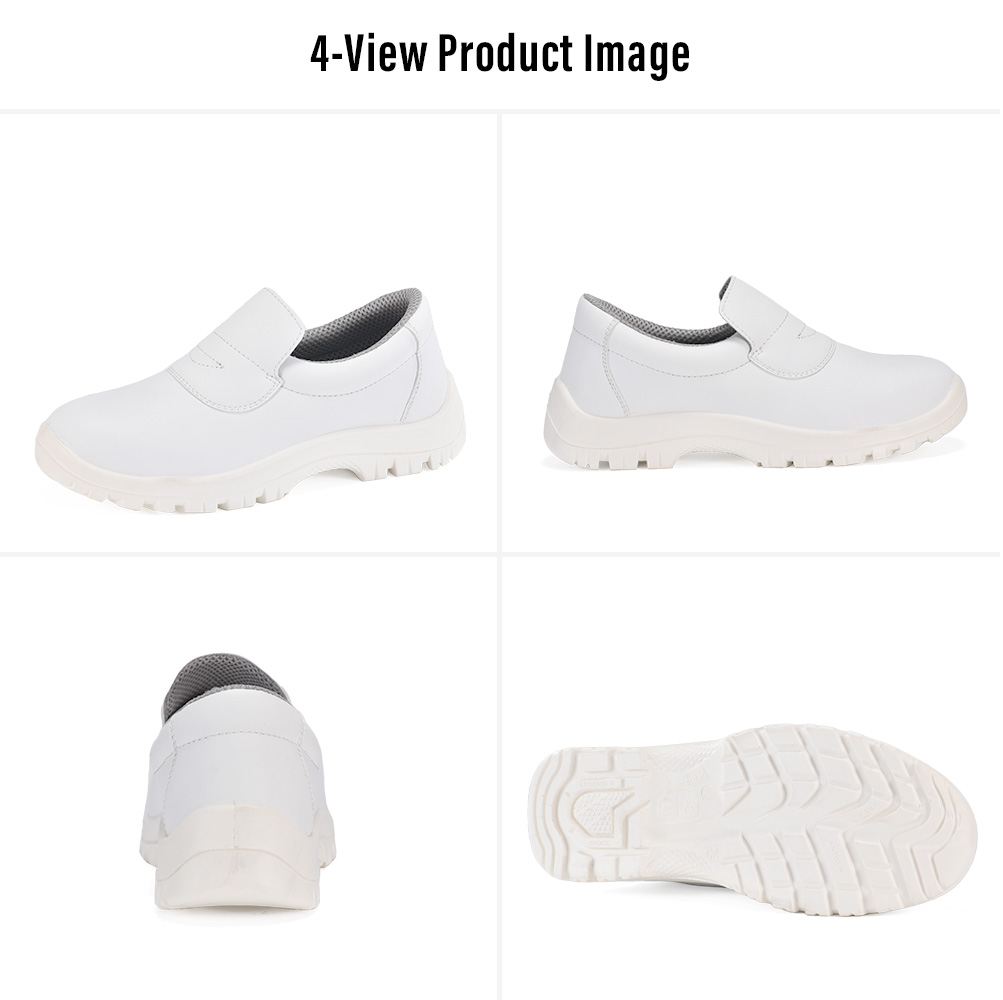 L-7019 White Food Industry Safety Shoes – Four Views Four views of Safetoe L-7019 white microfiber steel toe safety shoes for food processing and kitchen work