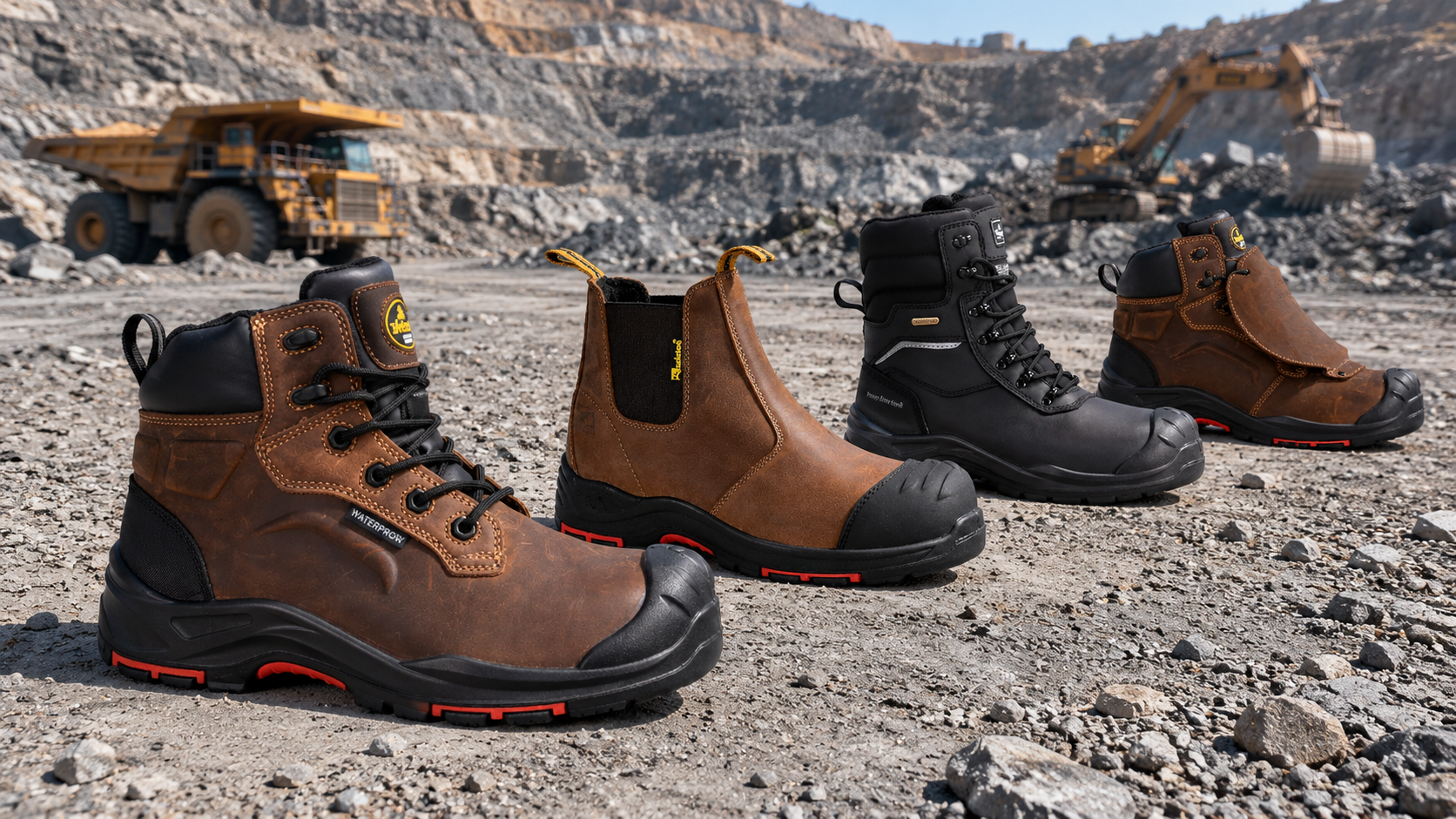 Mining Safety Boots for Open-Pit Operations Four mining safety boots displayed in an open-pit quarry with a haul truck and excavator