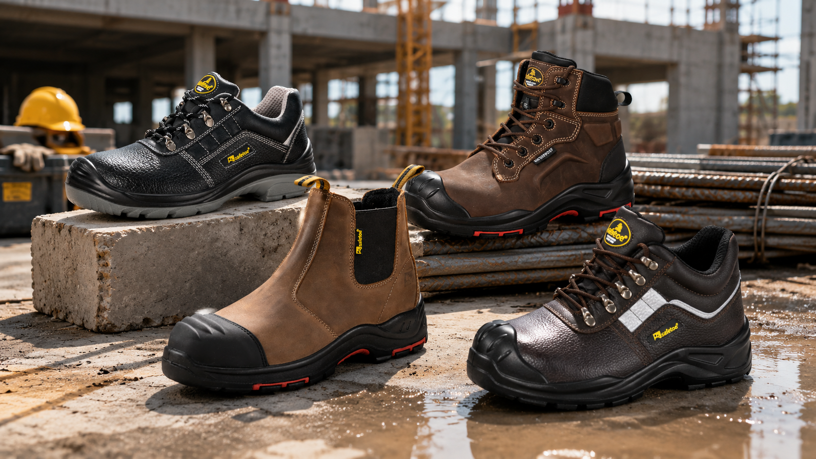 Safetoe Construction Safety Footwear Collection Four Safetoe construction safety footwear styles displayed on a wet building site