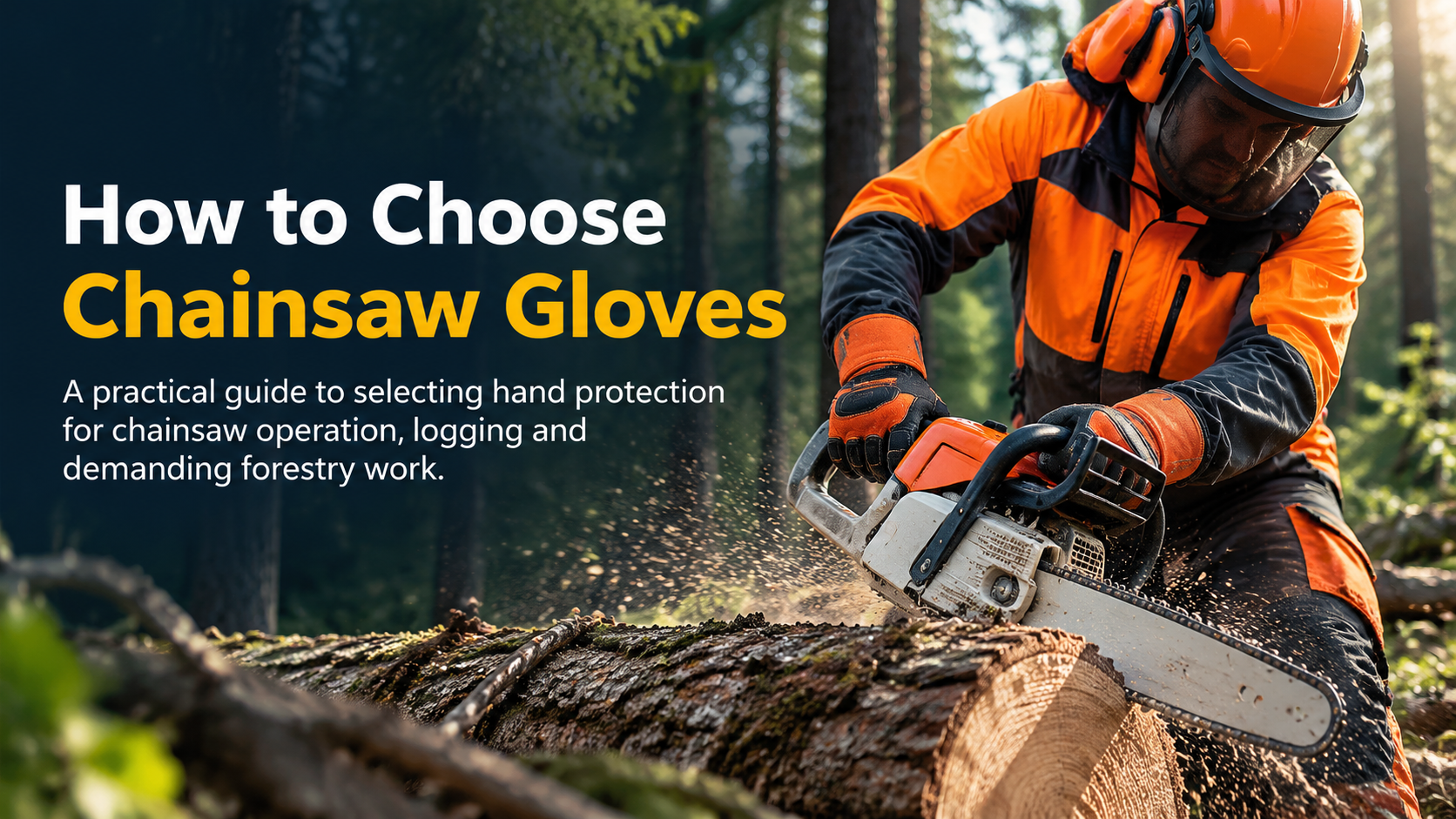 Chainsaw gloves Forestry worker wearing protective chainsaw gloves while cutting timber