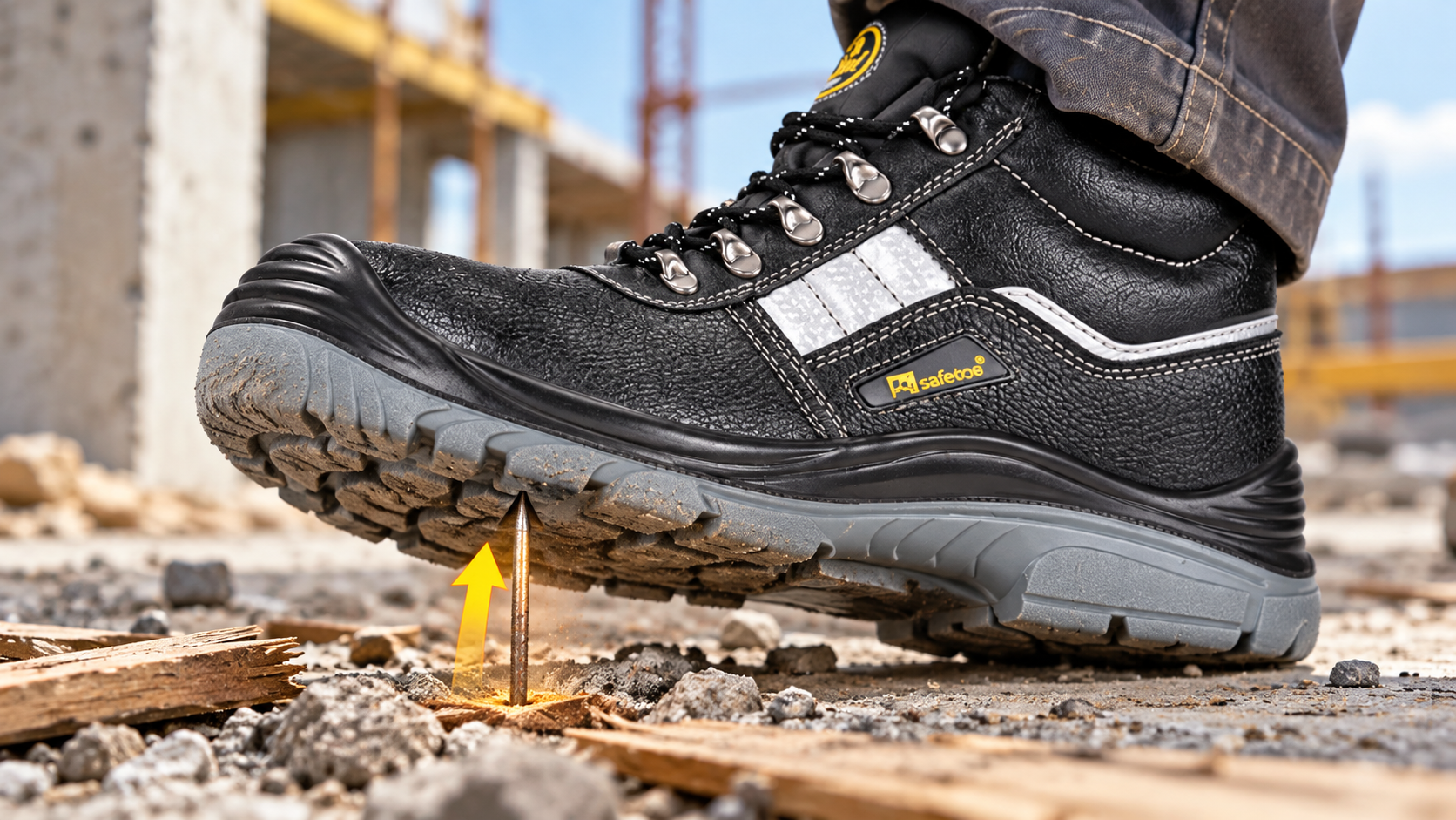 Puncture Hazards on Construction Sites Puncture resistant safety boots against nails and sharp construction debris