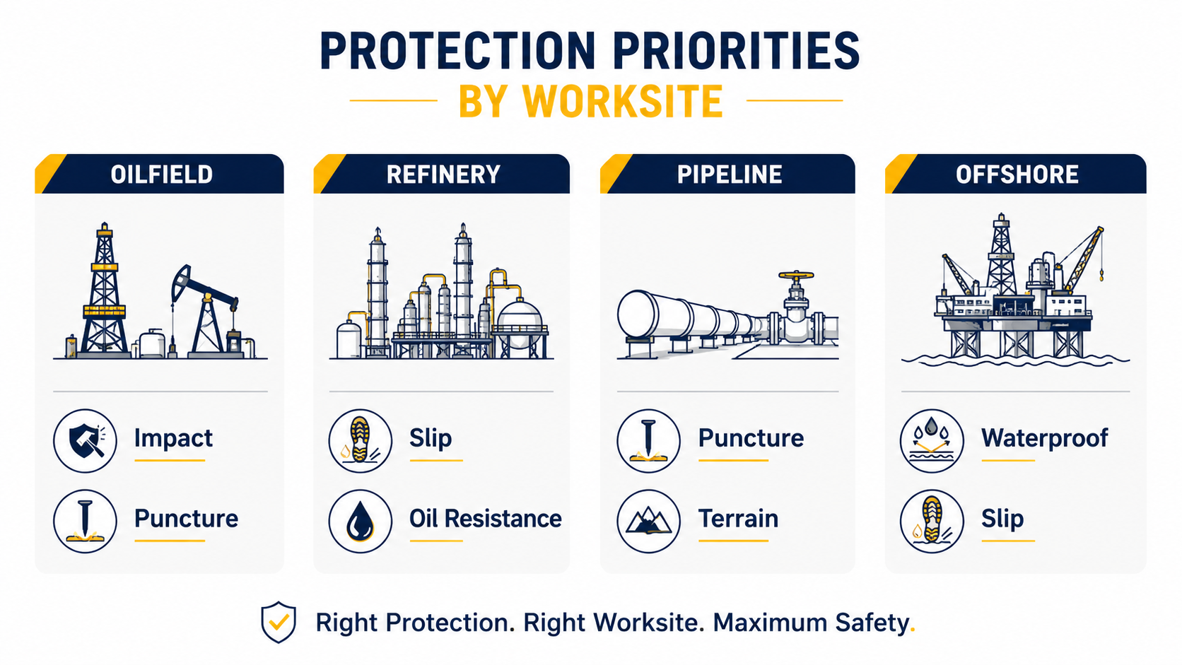 Oil & Gas Safety Boot Protection by Worksite Safety boot protection comparison for oilfield refinery pipeline and offshore work