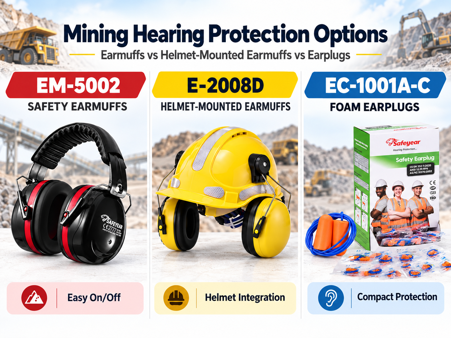 Mining Hearing Protection – Earmuffs vs Helmet-Mounted Earmuffs vs Earplugs Safety earmuffs, helmet-mounted earmuffs and earplugs for mining hearing protection