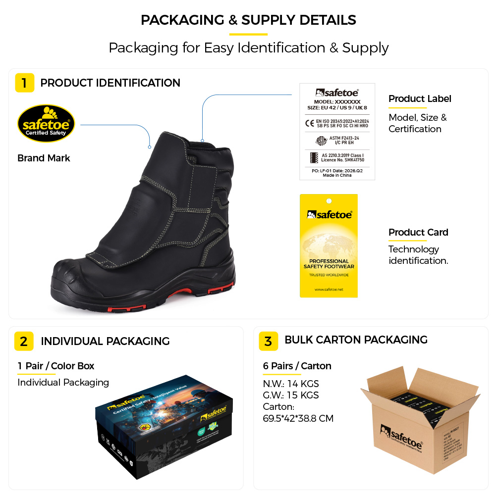H-9552FD Safety Boots Packaging and Supply Details H-9552FD metatarsal foundry safety boots with product identification, individual box and bulk carton packaging