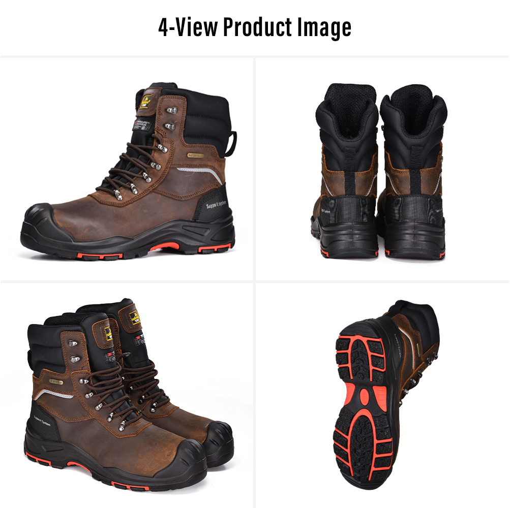 Four views of H-9552 brown leather insulated safety boots for Mining work Four views of H-9552 brown leather insulated safety boots for Mining work