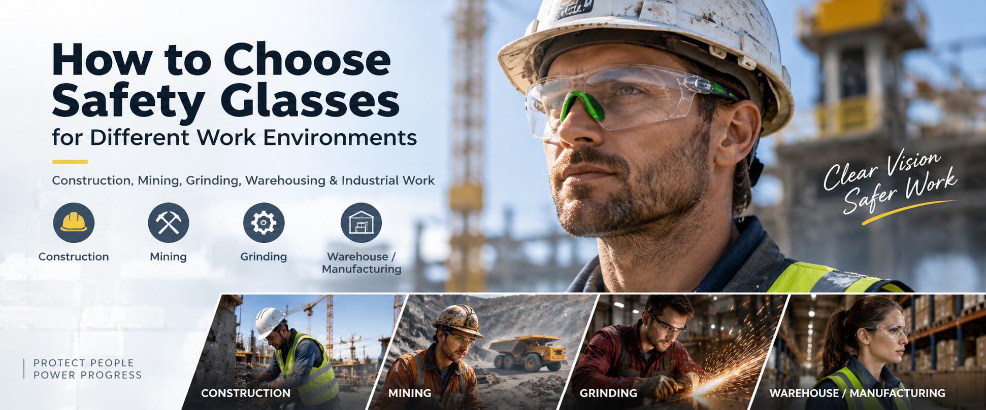 How to Choose Safety Glasses for Different Work Environments Safety glasses for construction mining grinding and warehouse manufacturing work environments