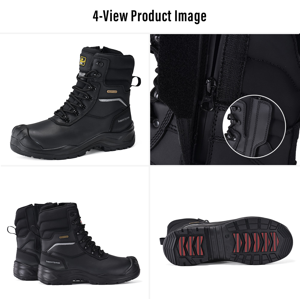 Safetoe H-9552 IceGrip Winter Safety Boots – Four Views Four-view image of Safetoe H-9552 IceGrip winter safety boots showing side view, waterproof side zipper, rear profile and ice-grip outsole