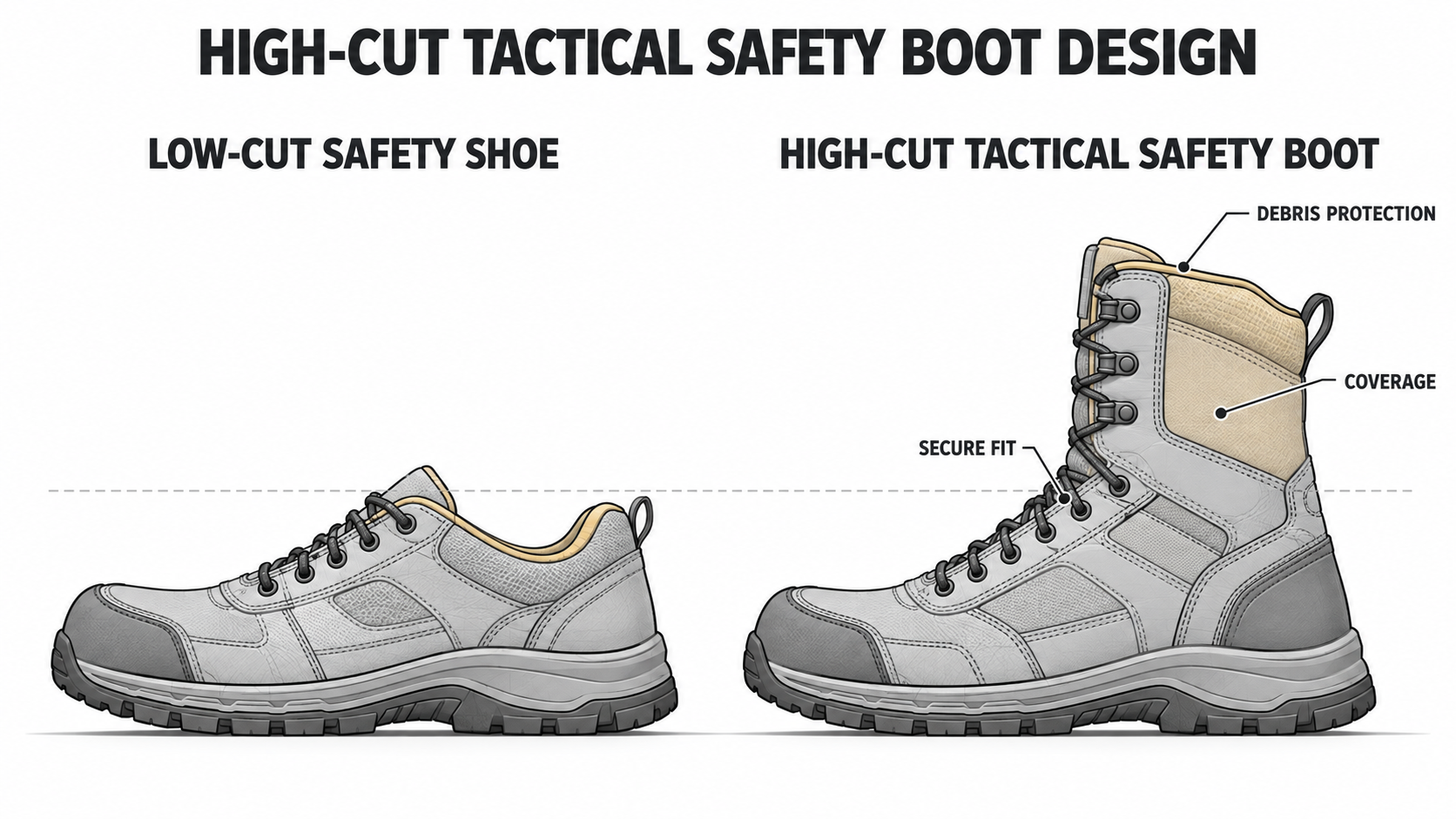 High-Cut Tactical Safety Boot Design High-cut tactical safety boot compared with low-cut safety footwear