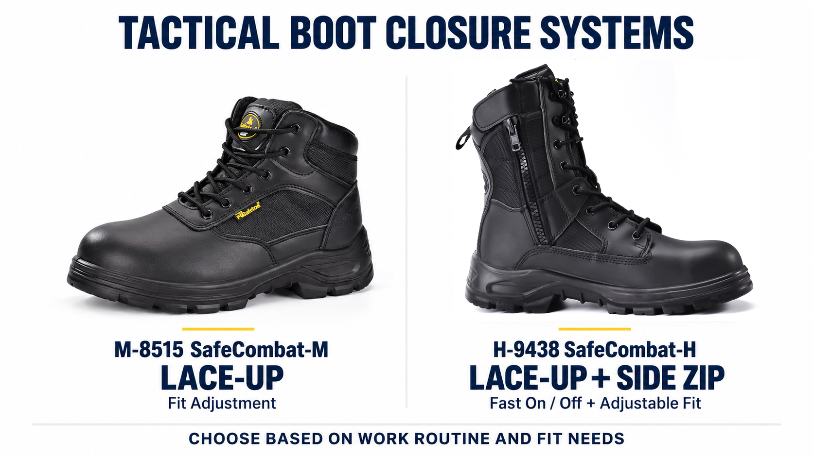 Tactical Safety Boot Closure Systems Compared M-8515 lace-up and H-9438 side-zip tactical safety boots compared