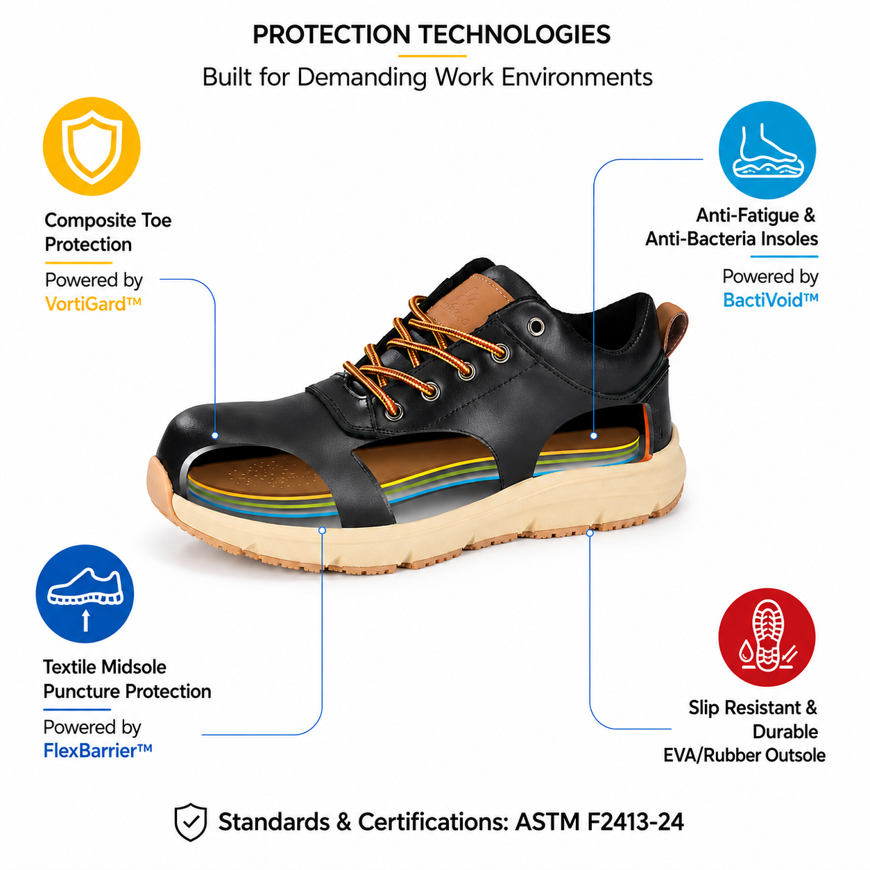 Safety Shoe Protection Technologies Overview Protection technologies of black leather safety shoes with composite toe, textile midsole, anti-fatigue insoles and PU rubber outsole