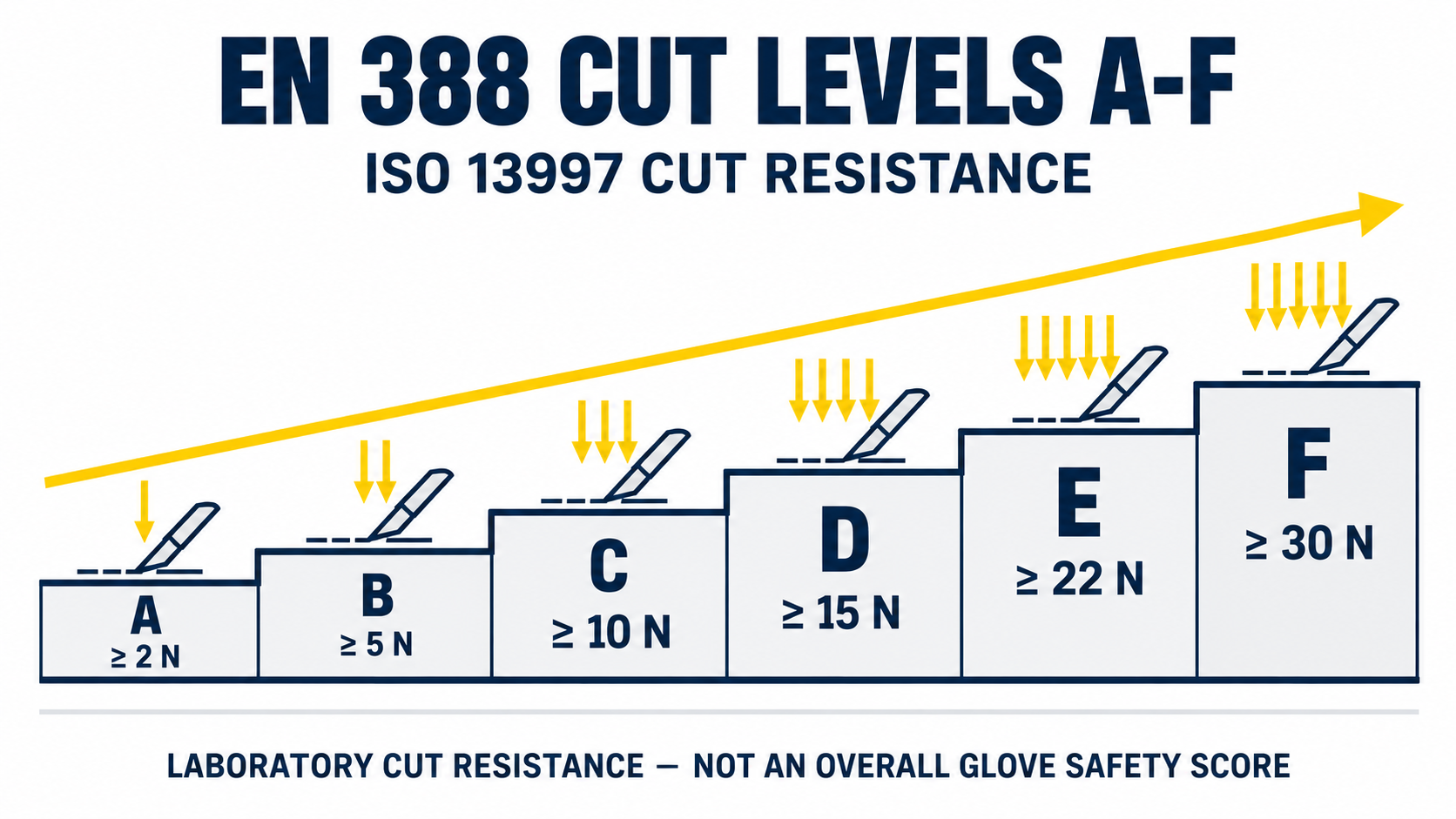 EN 388 Cut Levels A-F and ISO 13997 Cutting Force EN 388 ISO 13997 cut levels A to F with cutting force from 2 to 30 newtons