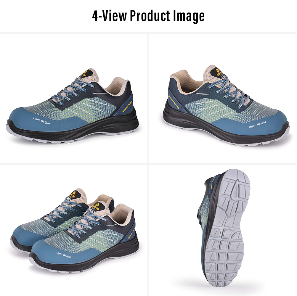 Low-Cut Safety Shoes Multi-View Display Multiple views of breathable low-cut safety shoes with protective toe and slip-resistant outsole