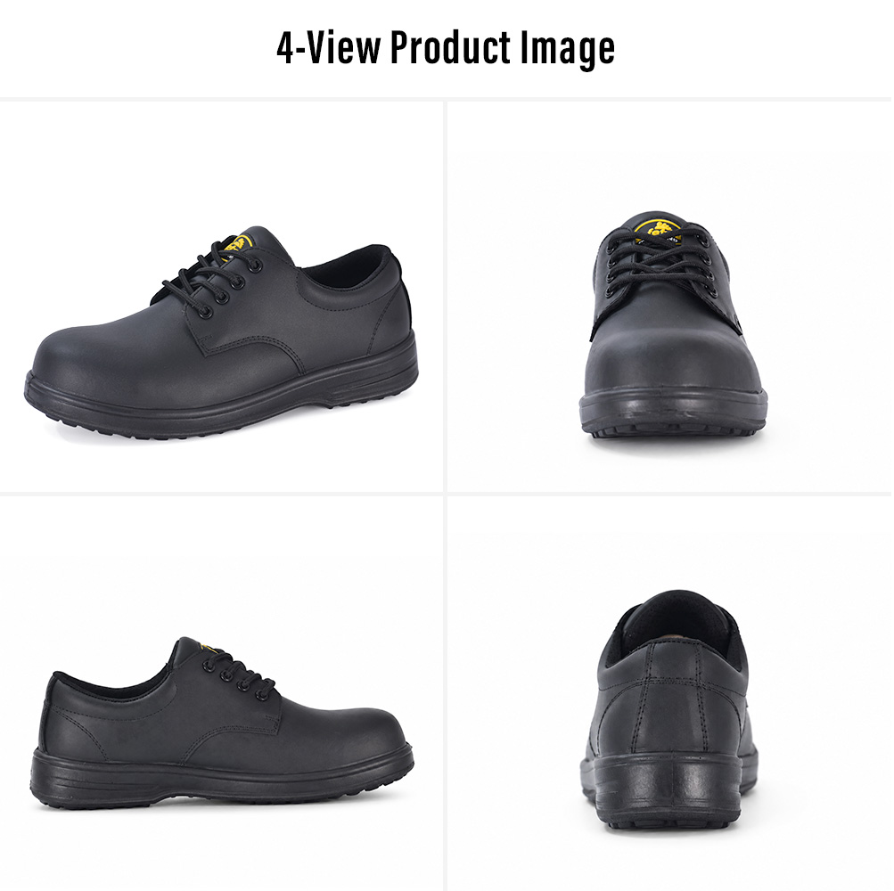 Four-view image of black engineer safety work shoes showing side, front, rear and low-cut work shoe design Four-view image of black engineer safety work shoes showing side, front, rear and low-cut work shoe design