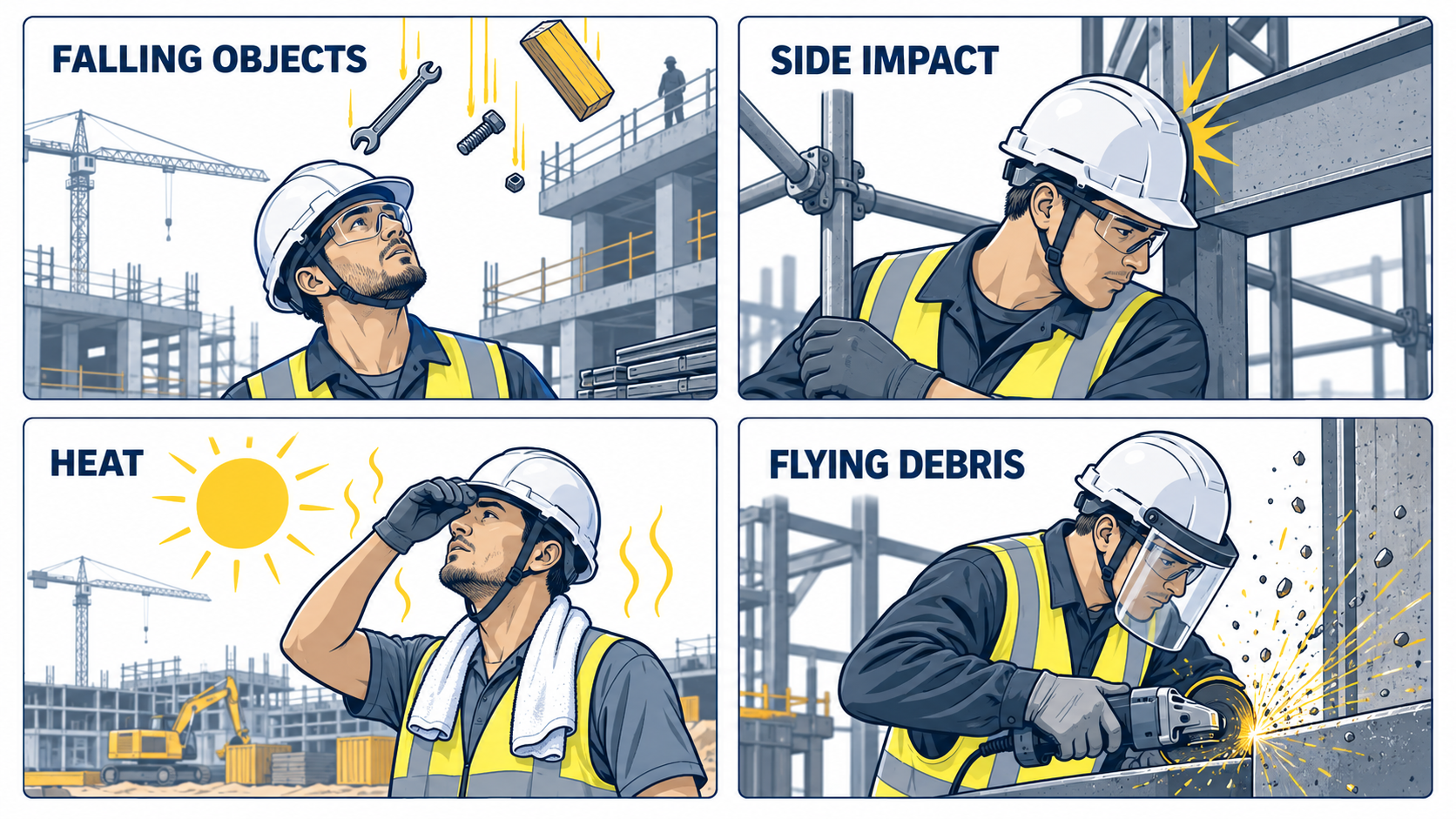 Common Head Hazards on Construction Worksites Common head hazards on construction worksites including falling objects side impacts heat and flying debris