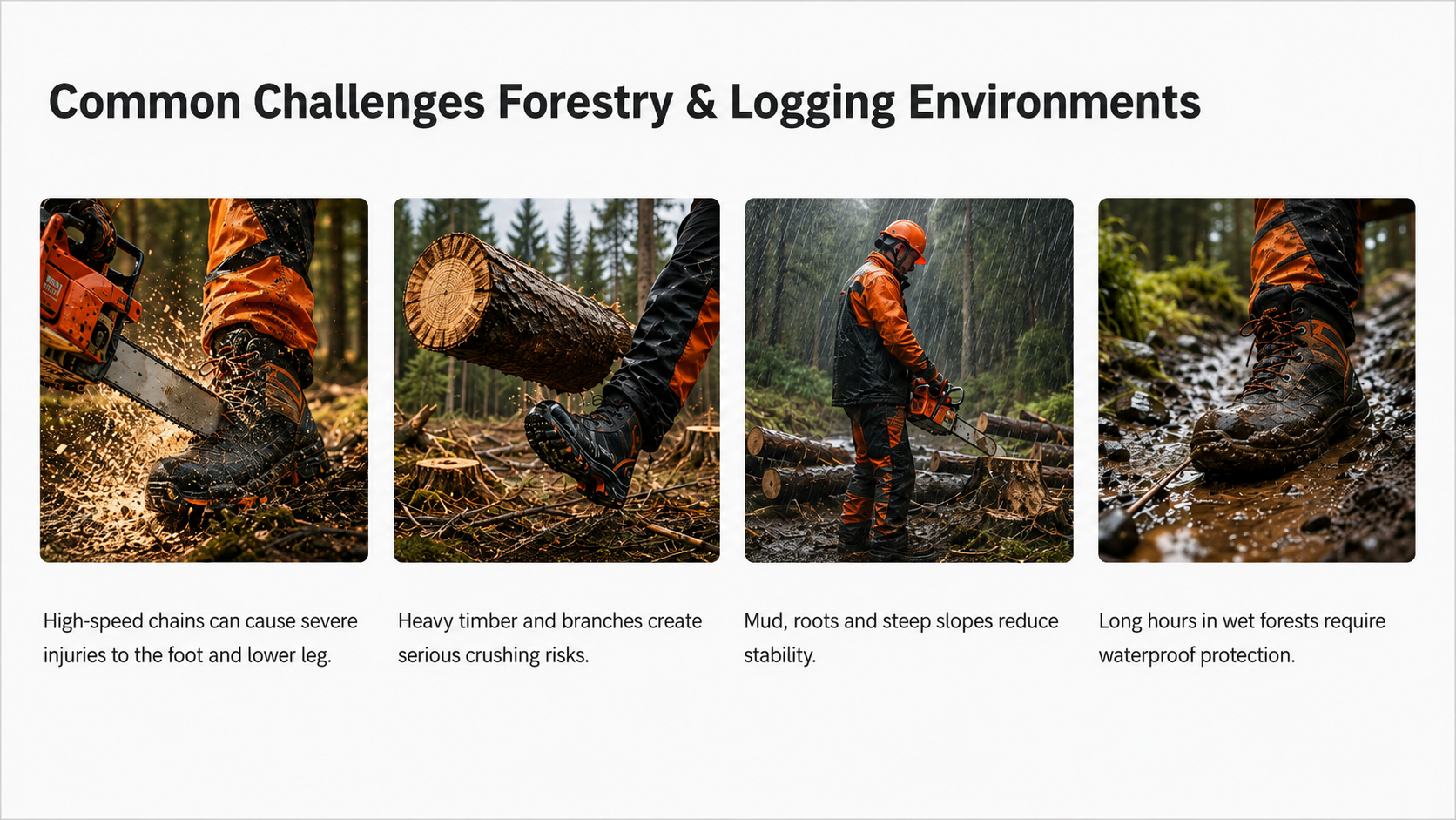 Common Safety Footwear Challenges in Forestry and Logging Common forestry and logging hazards including chainsaw injuries, falling timber, unstable terrain and wet working conditions