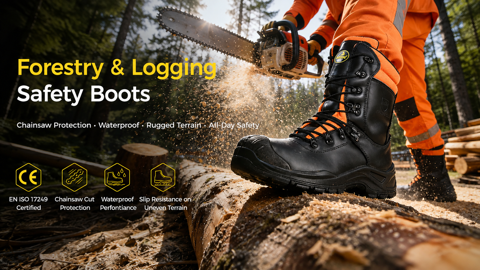 Forestry and Logging Safety Boots for Chainsaw Work Forestry and logging safety boots with chainsaw protection, waterproof performance and slip resistance on uneven terrain