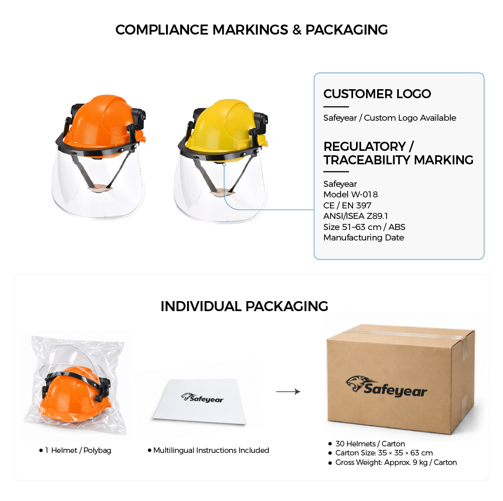 W-018V Safety Helmet – Compliance Markings, Colors and Packaging Safeyear W-018V industrial safety helmet with clear face shield, compliance markings, color options and individual packaging details