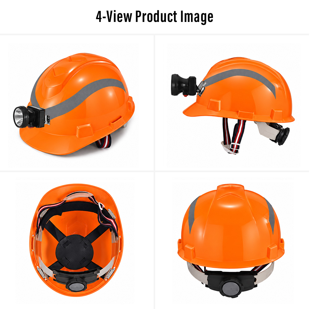 W-003L Safety Helmet with Headlamp – Four-View Product Images Safeyear W-003L safety helmet with headlamp shown from four angles, including 6-point suspension and rear ratchet adjustment system
