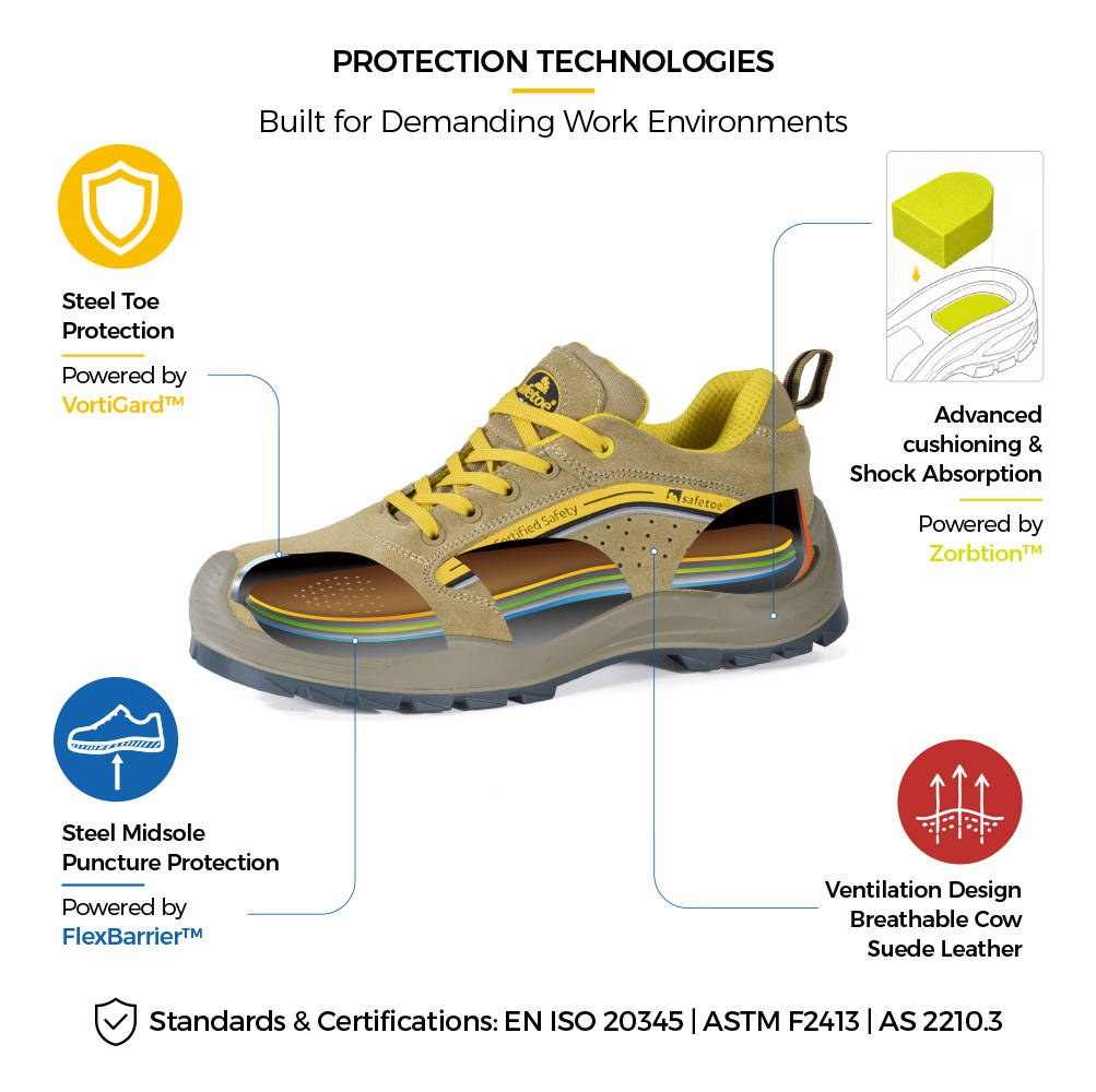 L-7296 Steel Toe Protection and Cushioning Technologies L-7296 safety shoe structure with steel toe, steel puncture-resistant midsole and Zorbtion™ shock absorption