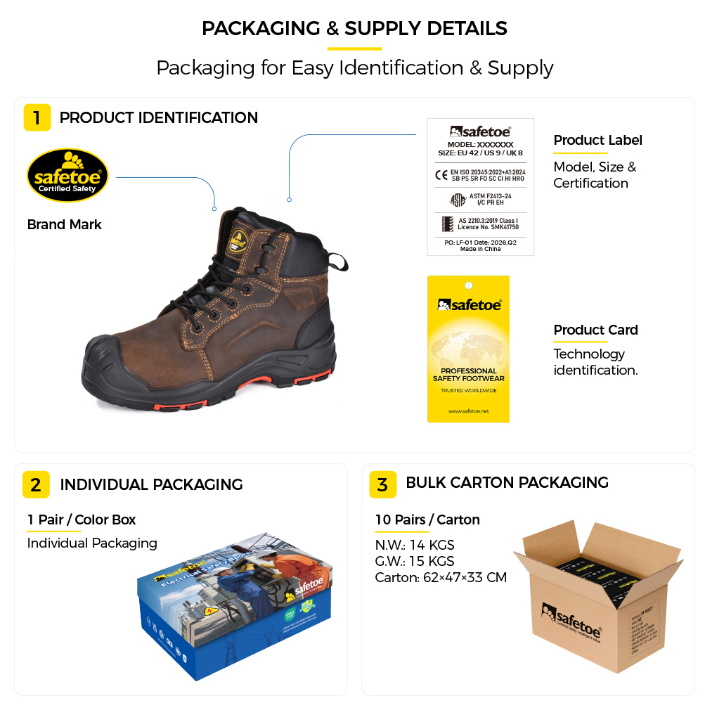 M-8552EH Pro Certified Safety Boots Packaging M-8552EH Pro Metal-Free Industrial EH Safety Boots Packaging