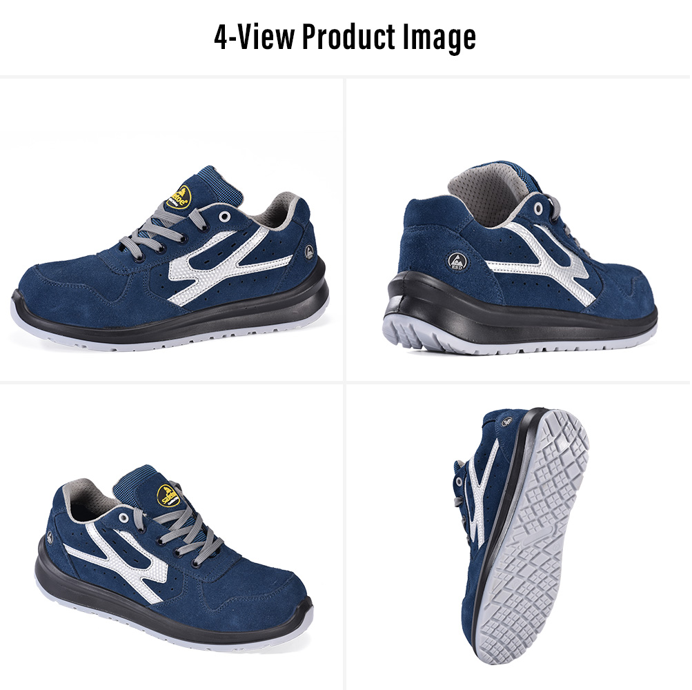 L-7328 Blue Metal-Free Safety Shoes Multi-View Display Multiple views of L-7328 blue metal-free ESD safety shoes with cow suede upper