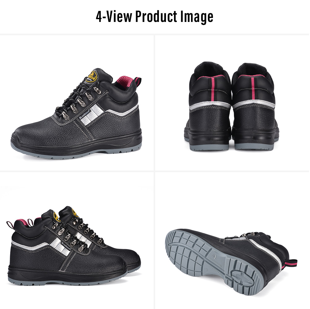 M-8516W Women's Waterproof Leather Safety Boots – Four Views Four views of Safetoe M-8516W black women's waterproof leather safety boots with steel toe and slip-resistant PU/PU outsole