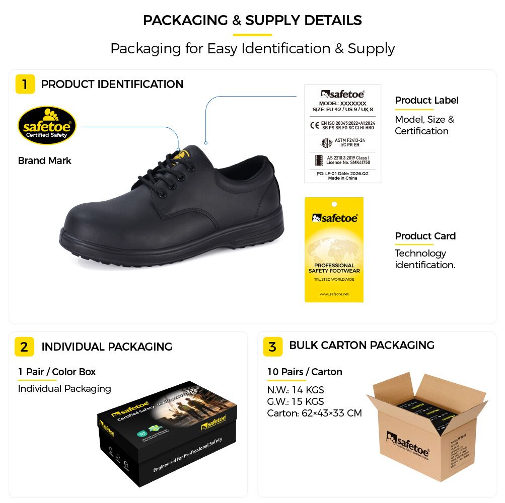 Engineer safety work shoes packaging details showing product identification, individual shoe box and bulk carton supply Engineer Safety Work Shoes – Four View Product Image
