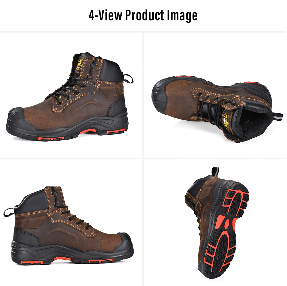 M-8552 Oil Gas Safety Boots Protection Technology M-8552 oil and gas safety boots shown in four views with rugged leather upper and slip-resistant outsole