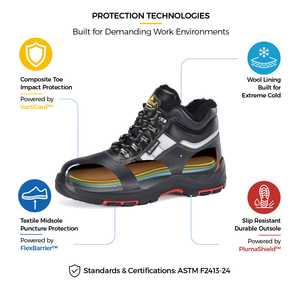 Safetoe M-8027 IceShield Winter Safety Boot Technologies Safetoe M-8027 IceShield winter safety boot with composite toe, textile midsole, wool lining and slip-resistant outsole