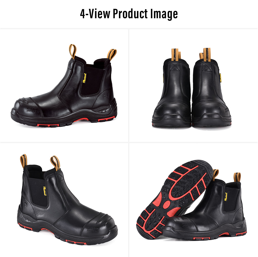 M-8025NBK Black Slip-On Work Boot Views Multiple views of Safetoe M-8025NBK black leather slip-on industrial work boots