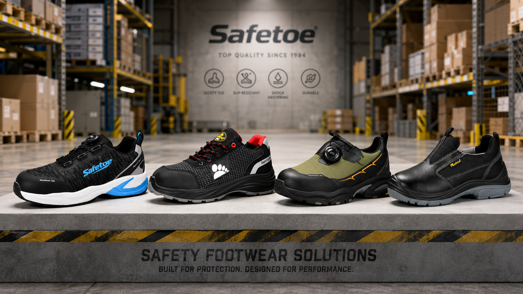 Safetoe Warehouse and Logistics Safety Footwear Collection Safetoe safety footwear solutions for warehouse and logistics workers with four lightweight safety shoe styles