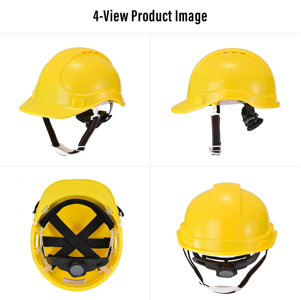 W-018 Safety Helmet – Four-View Product Images Safeyear W-018 safety helmet shown from four angles with ventilation slots, 6-point suspension and rear ratchet adjustment system