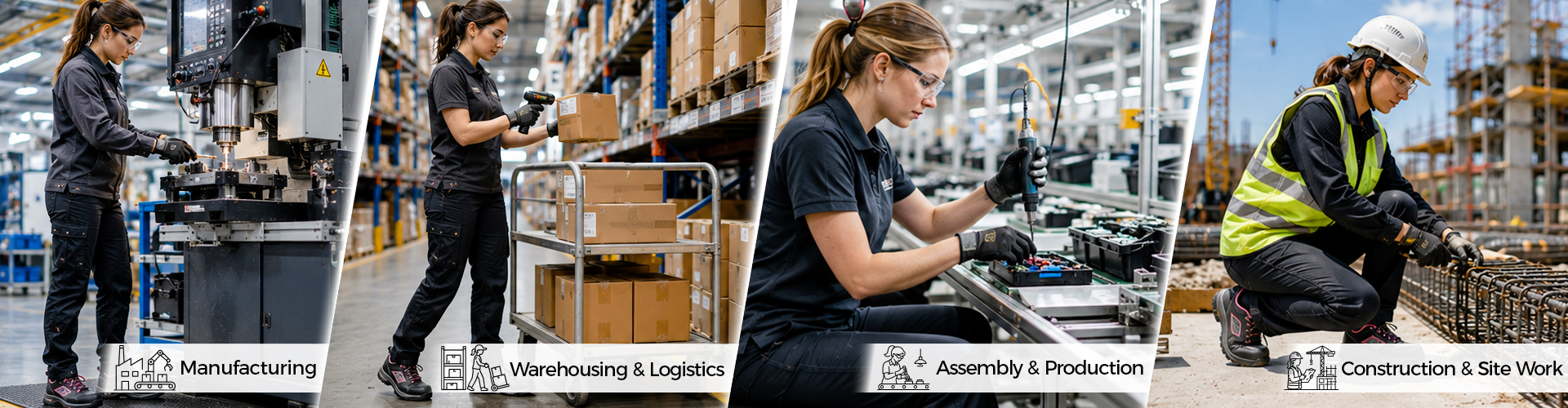 Women's Safety Shoes for Manufacturing, Warehousing, Assembly and Construction Female workers wearing safety footwear in manufacturing, warehousing, assembly and construction work environments
