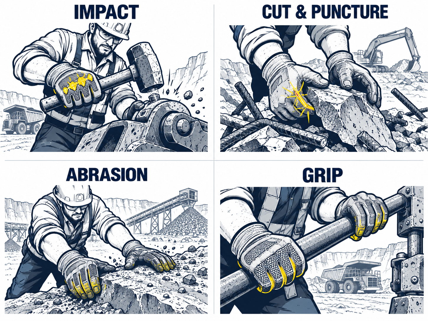 Key Hand Hazards in Mining Work Mining hand hazards including impact cut puncture abrasion and grip risks