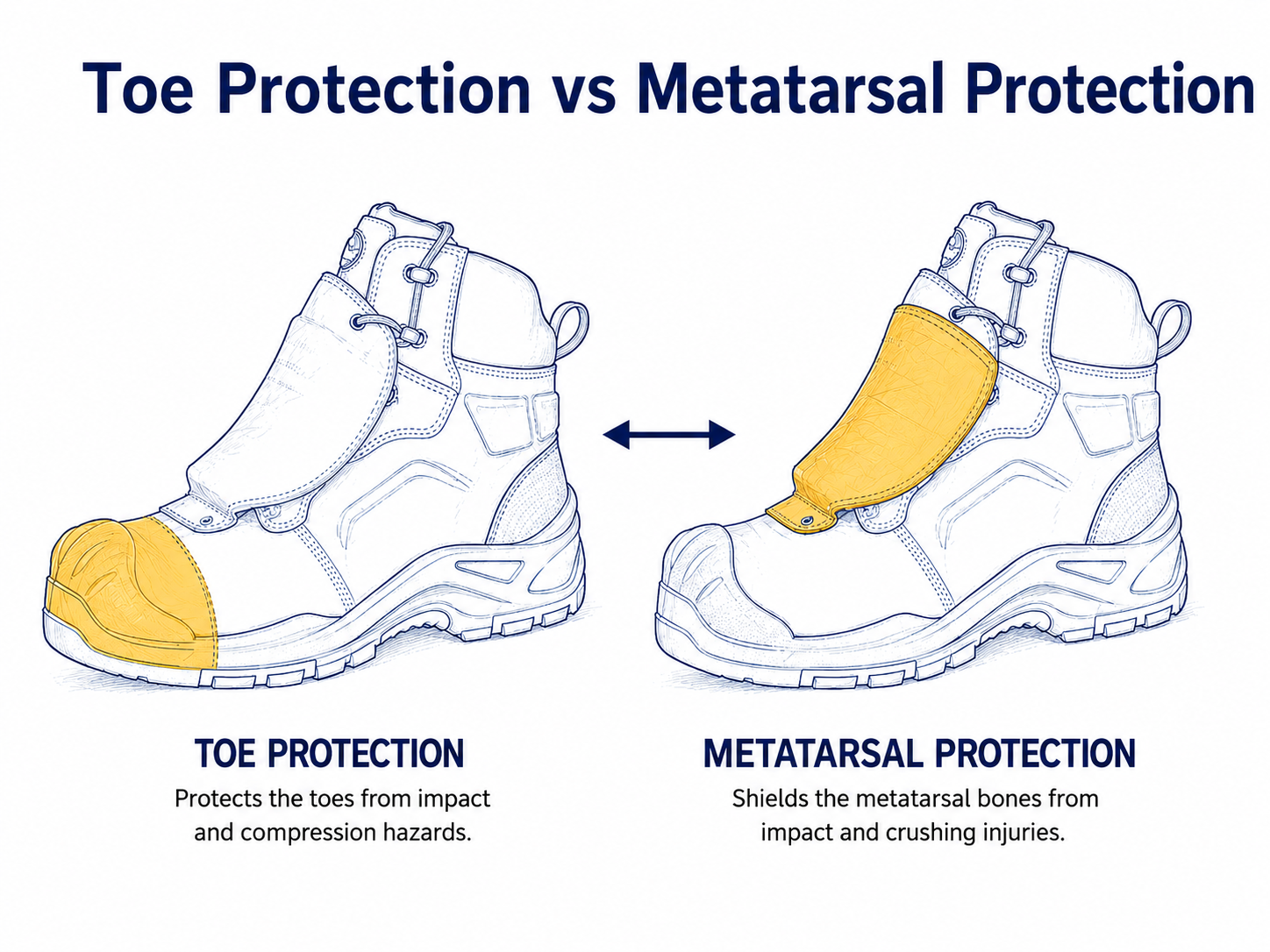 Toe Protection vs Metatarsal Protection Toe cap and metatarsal guard protection areas on mining safety boots