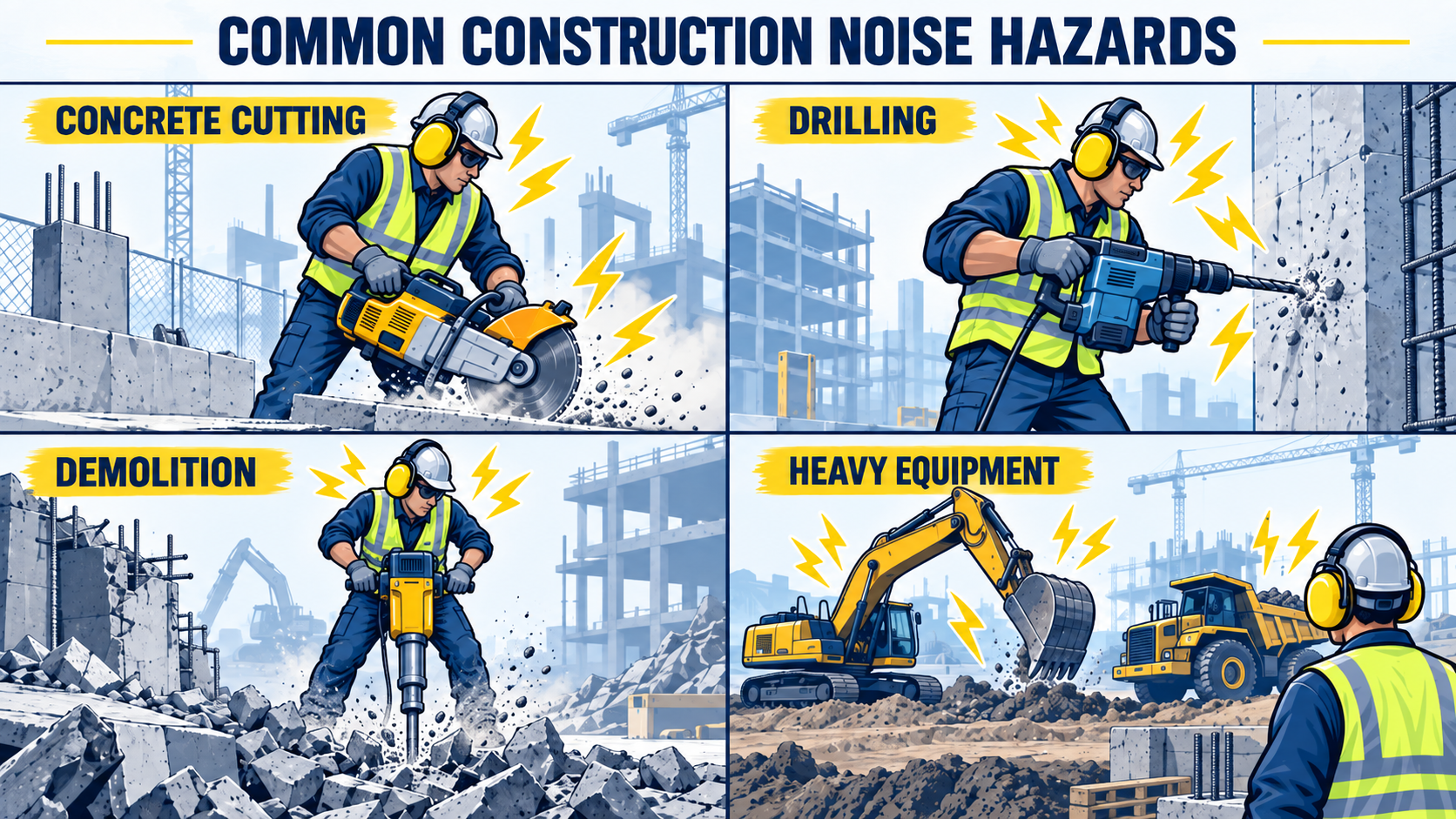 Common Noise Hazards on Construction Sites Common construction noise hazards including drilling concrete cutting demolition and heavy equipment