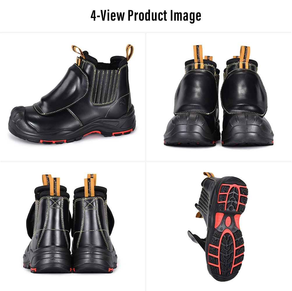 M-8025NBKMP Metal-Free Metatarsal Safety Boots Four Views Four-view images of M-8025NBKMP black metal-free metatarsal safety boots for mining and welding work